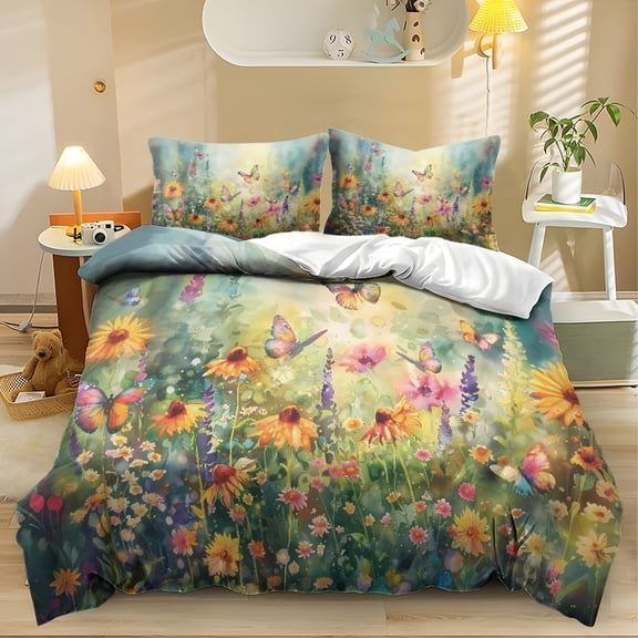 ZIATUBLES Butterfly Wildflower Print Twin Size Duvet Cover Set, 3 Pieces Soft Cozy Bedding, 1 Duvet Cover & 2 Pillowcases, Easy Care Lightweight Bedding for All Season, Chic Modern Decor