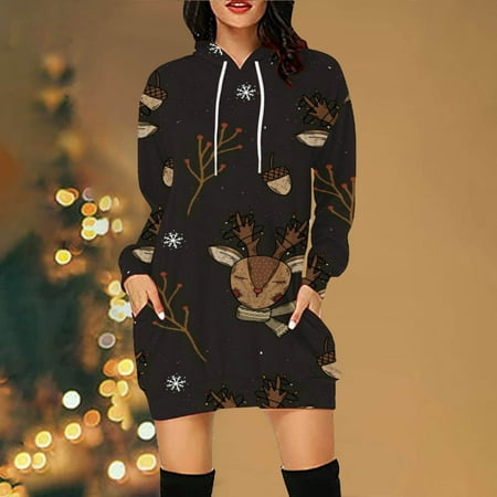 

Zedker Casual Dresses for Women Midi Length Casual Fall Dresses for Women 2022 Wedding Guest Women Casual Loose Long Sleeve Print Drawstring Hooded Dress