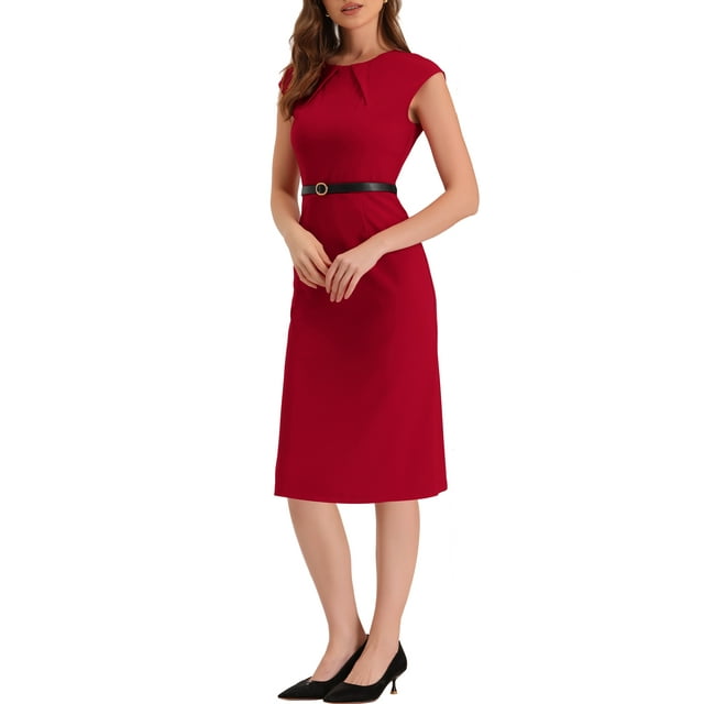 INSPIRE CHIC Robe de Bureau Élégante pour Femmes à Col Rond, Manches Cap, Ceinturée, Robe Fourreau de Travail