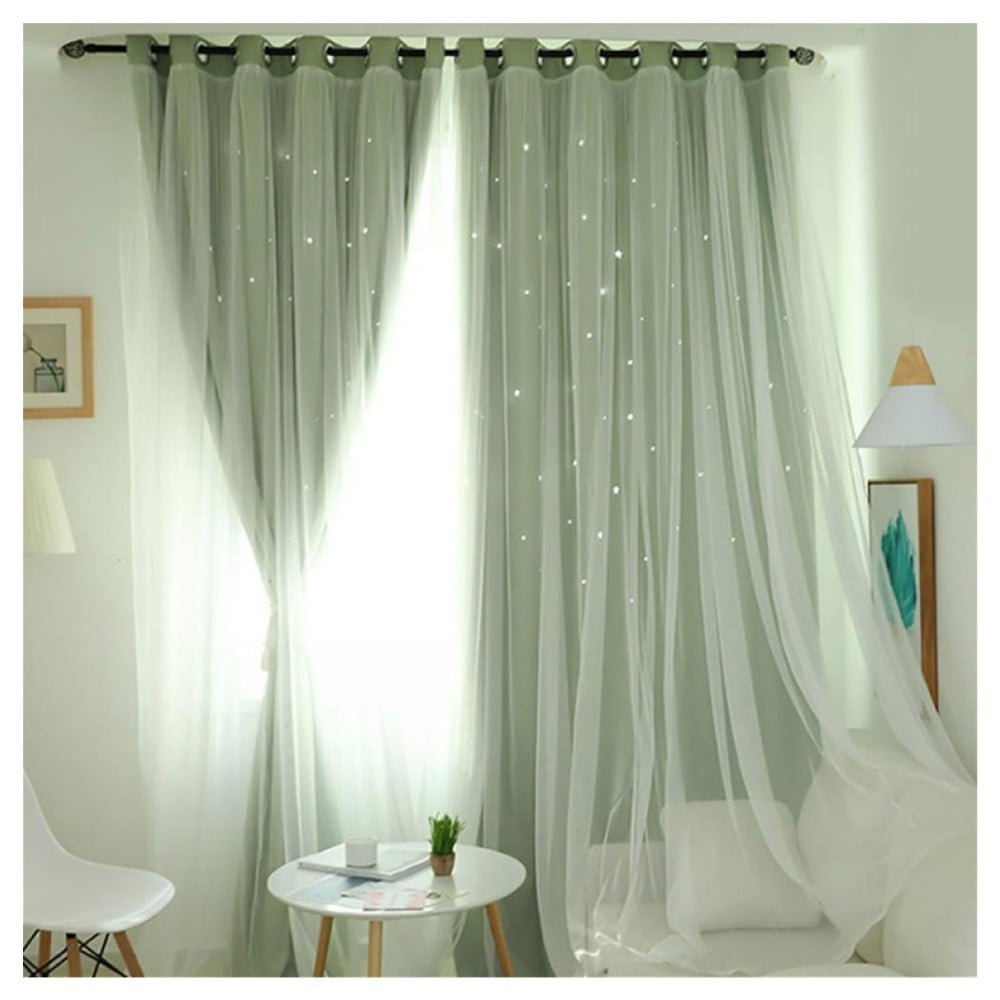 Double Layer Blackout Curtains,lace Voile Thicken Grommets Drapes