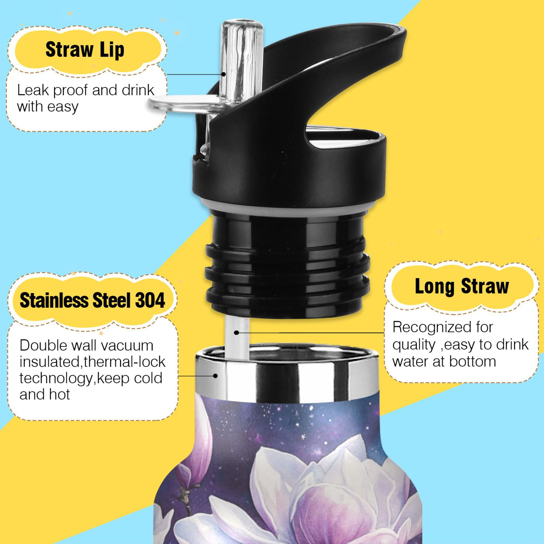Kids Insulated Stainless Steel Sports Water Bottle 600ml (20oz) Purple Magnolia Flowers