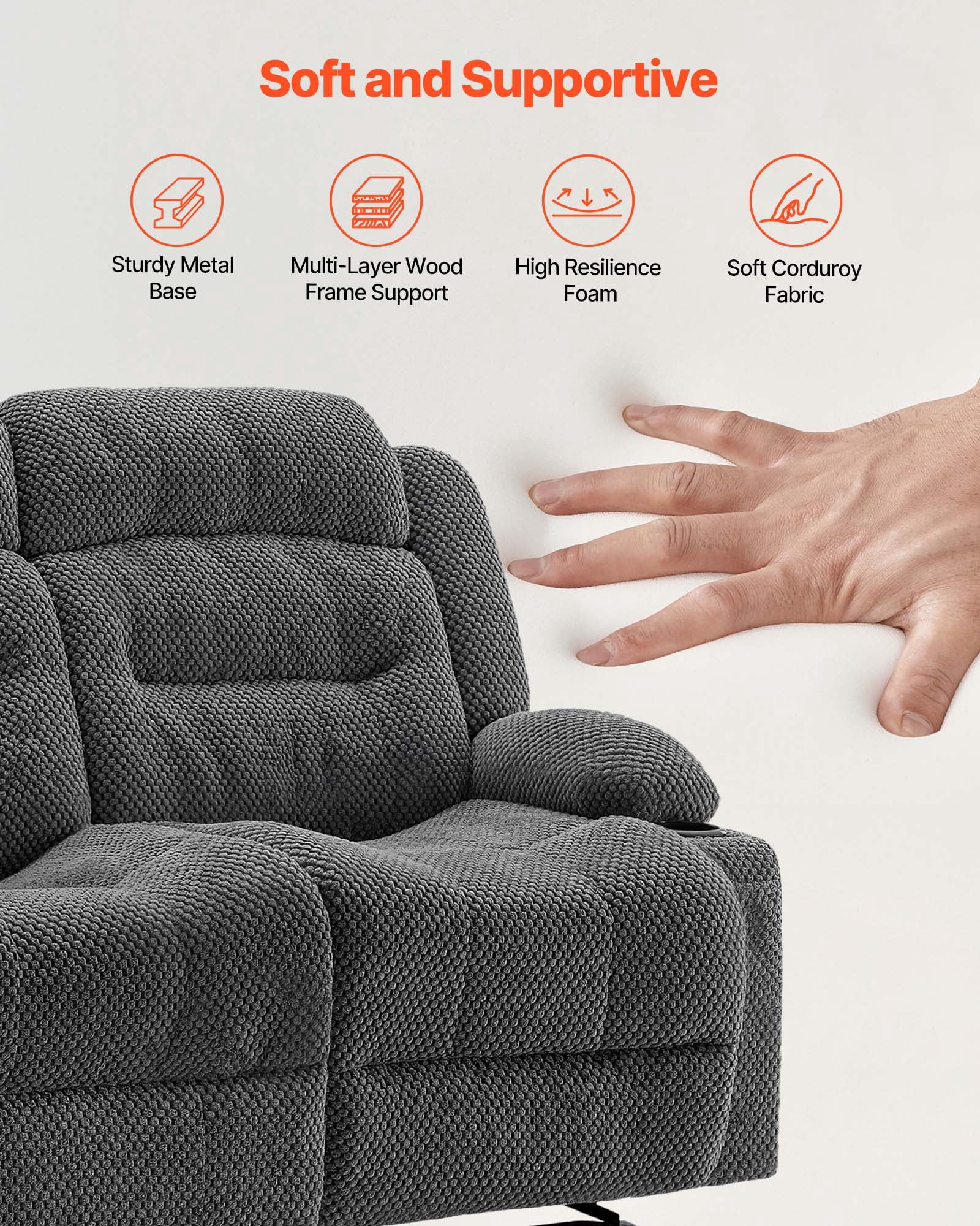 VEVOR Loveseat Recliner Sofa,Manual Reclining Couch with Heating and Massage, Soft Corduroy Recliner Sofa with USB Ports, Cup Holders and Side Storage Bags, Dual Loveseat Chair for Living Room, Grey
