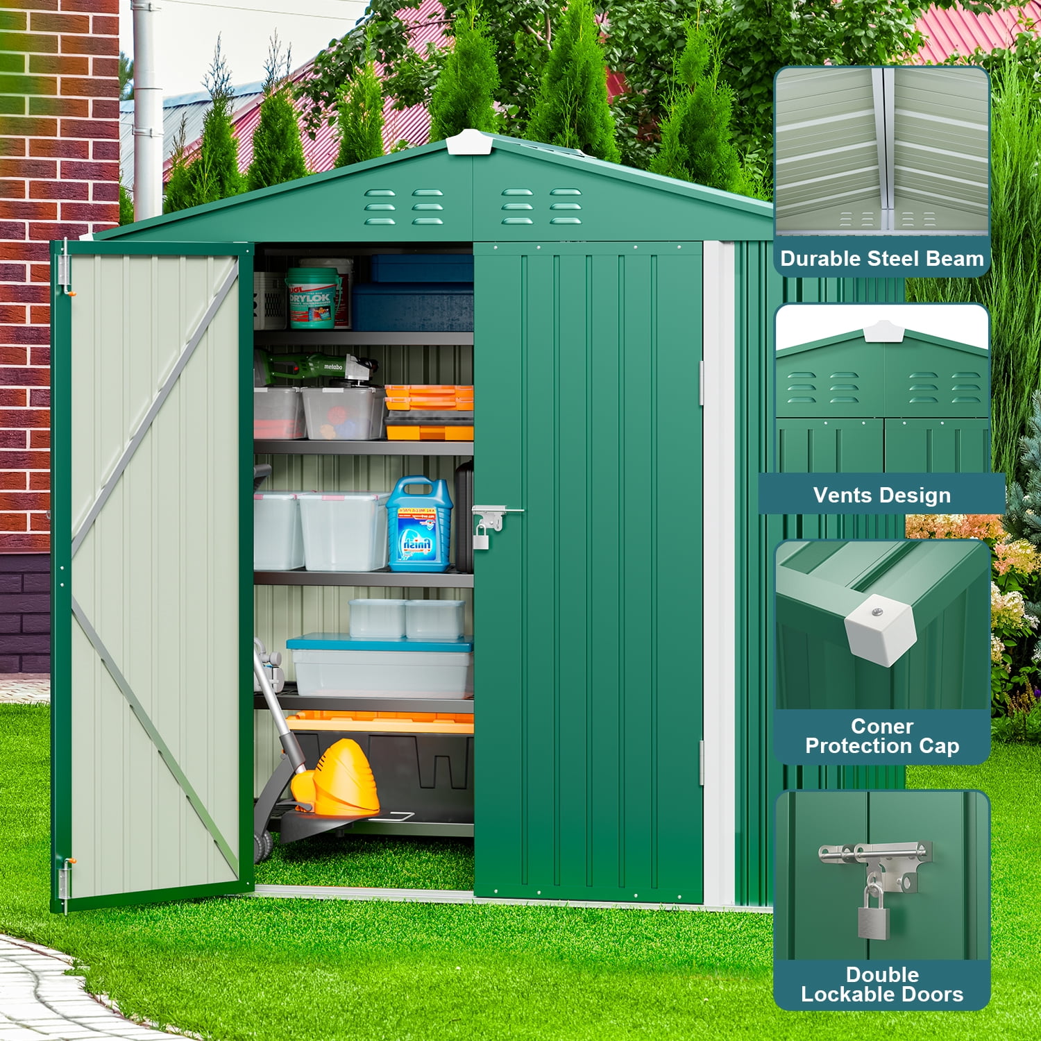 Storage Shed, Lofka 6x4 Ft Sheds & Outdoor Storage, Lockable Metal Garden Shed, Tool Shed Tiny House Vertical Outside Storage Building for Backyard, Lawn, Patio, Bike, Green