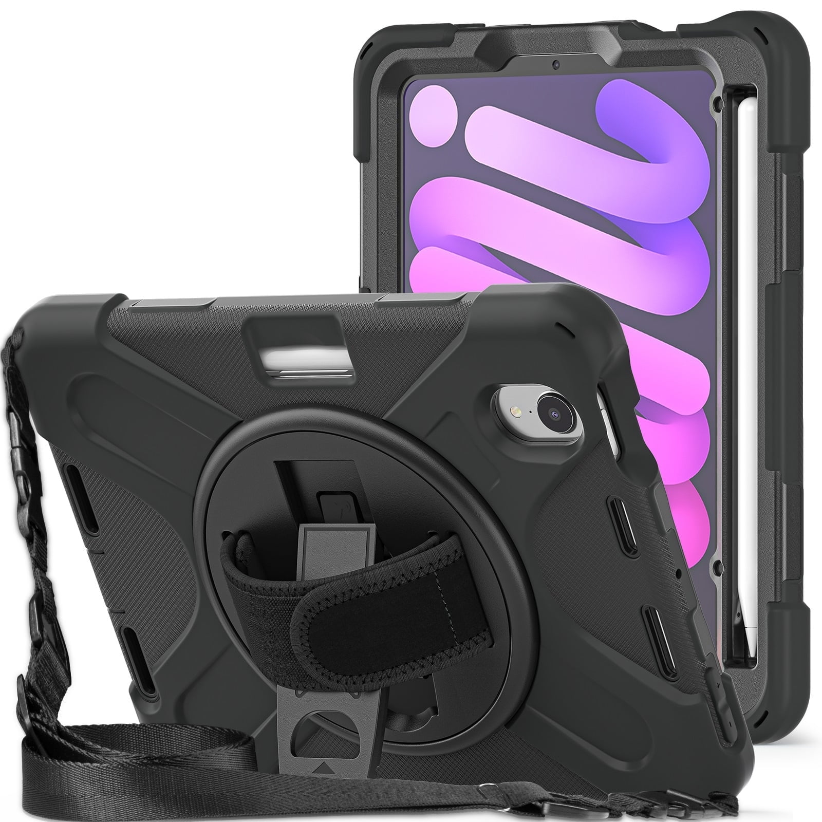 XYX Case for iPad mini 6th Gen 8.3 inch 2021 with 360 Degree Rotating, Hand Strap, Shoulder Strap, Black