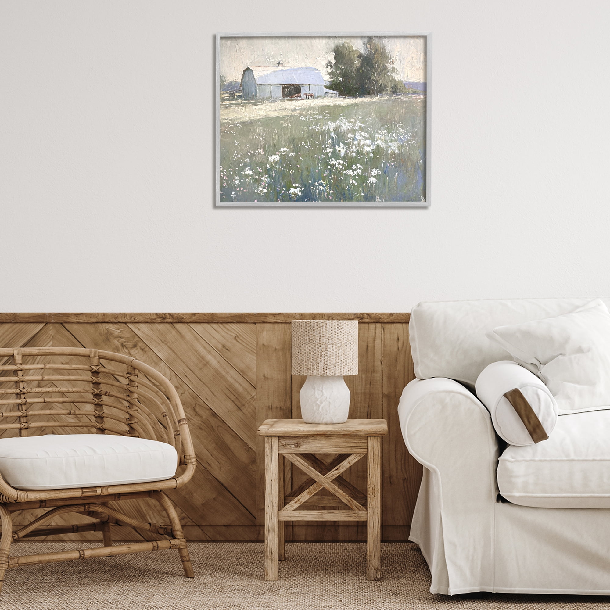 Stupell Industries Peaceful Farm Pasture Landscape Painting Gray Framed Art Print Wall Art, 30 x 24
