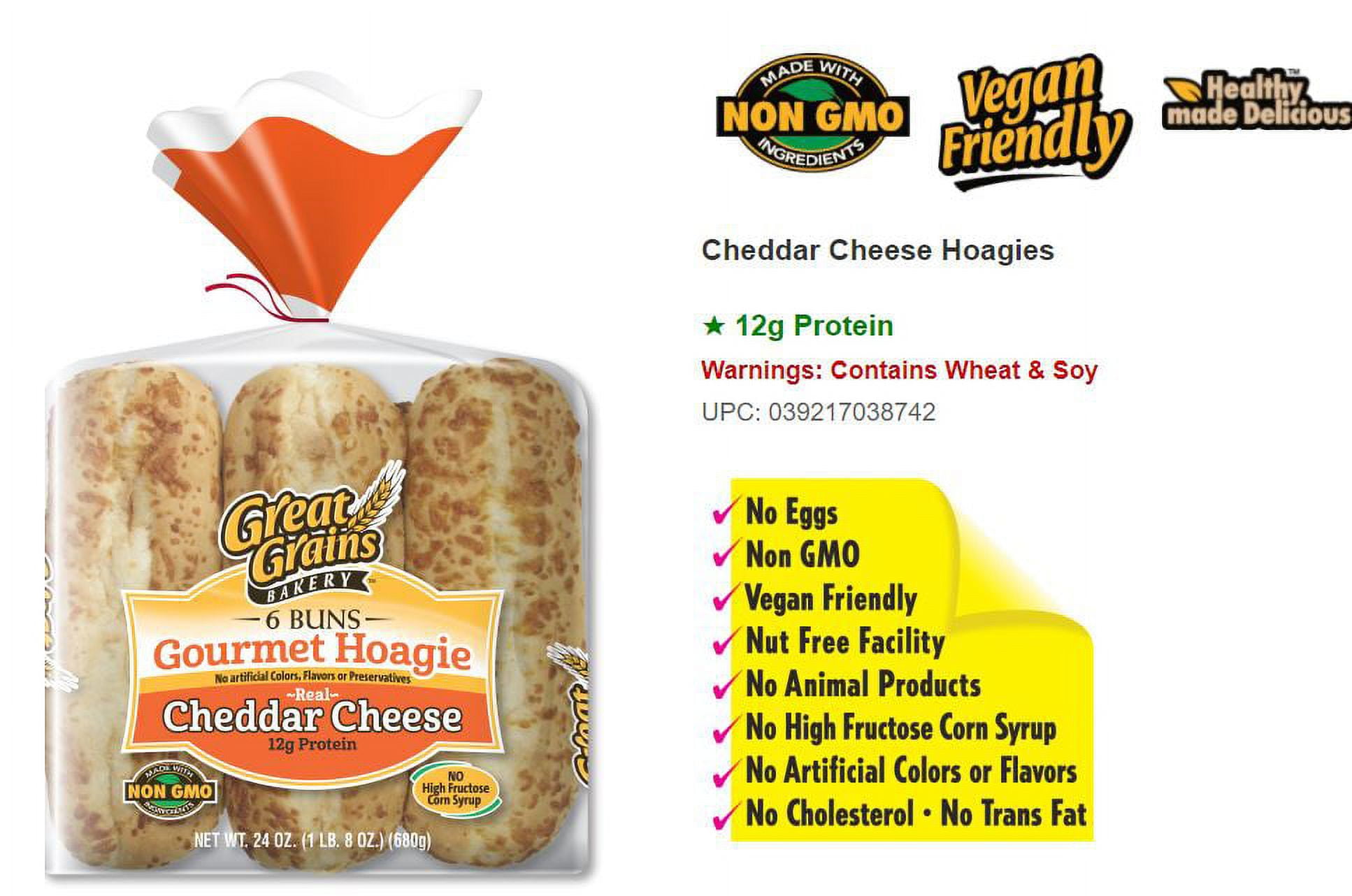 Great Grains Gourmet Hoagie Cheddar Cheese Buns, 6 Ct, 24 Oz