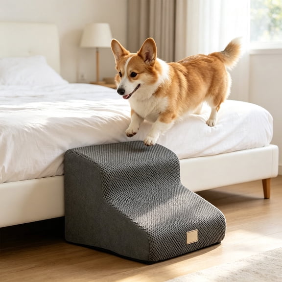 Dog Ramp for Couch Or Bed, Non-Slip 2 Step Pet Ramp for Couch Or Bed, Gray | High-Density Foam Support, Dog Stairs for High Beds, Suitable for Short-Legged Dogs, Injured Pets