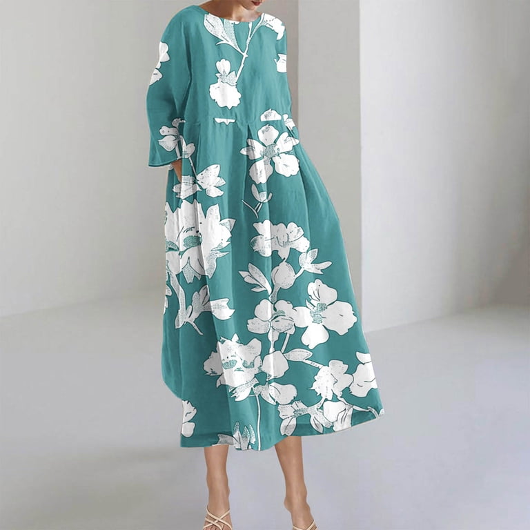 SCSAlgin Womens Plus Size Floral Print Dress Casual Long Sleeve Empire Waist  Dresses Loose Swing Midi Dress with Pockets - Walmart.com