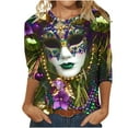 thumbnail image 2 of Meichang Womens Tops Mardi Gras Shirts Carnival Shirt Mardi Gras Mask Graphic Casual 3/4 Sleeve Tops Casual Crew Neck Pullover Carnival Theme Party Tee Tops, 2 of 5