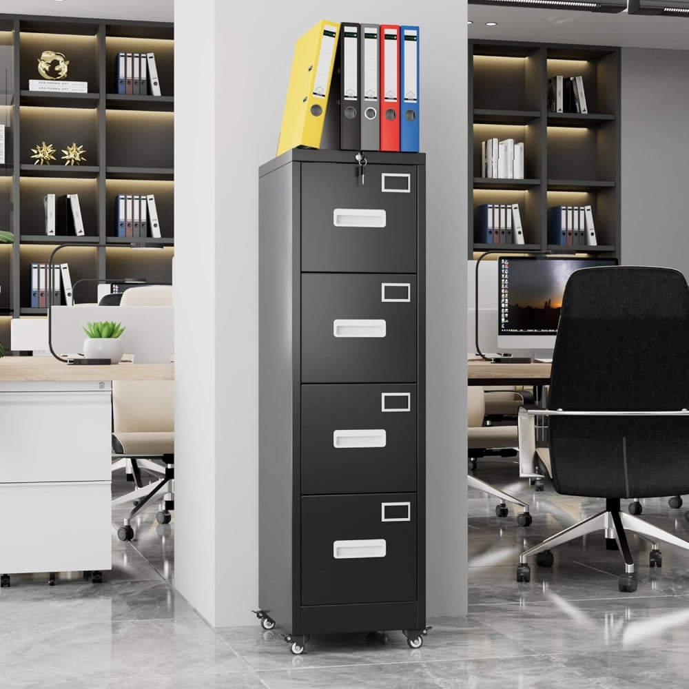 4 Drawer Vertical File Cabinet, Lockable Mobile Storage with Wheels, for Office & Home Use, Assembly Required, Black