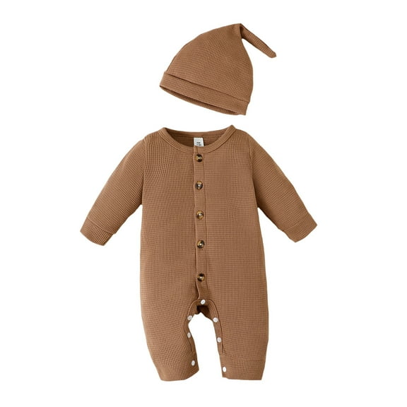 Newborn Baby Boys Clothes Baby Boys One-piece Romper Bodysuit Newborn Boys Long Sleeve Round Neckline Solid Color Romper Hat 2PCS Set Brown 0-1 Months
