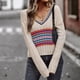 thumbnail image 2 of Color Bolck Suéter Tejido Cuello En V Manga Larga Casual Cómodo Simple Jersey Suéter Albaricoque S, 2 of 6