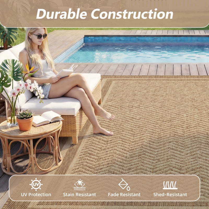 SIXHOME Outdoor Rugs 5'x7', Farmhouse Bordered Patio Rug, Indoor Outdoor Polypropylene Weave Textured Carpet, Water-Resistant, Quick-Dry Rug for Porch, Balcony, RV, Garden, Neutral Brown