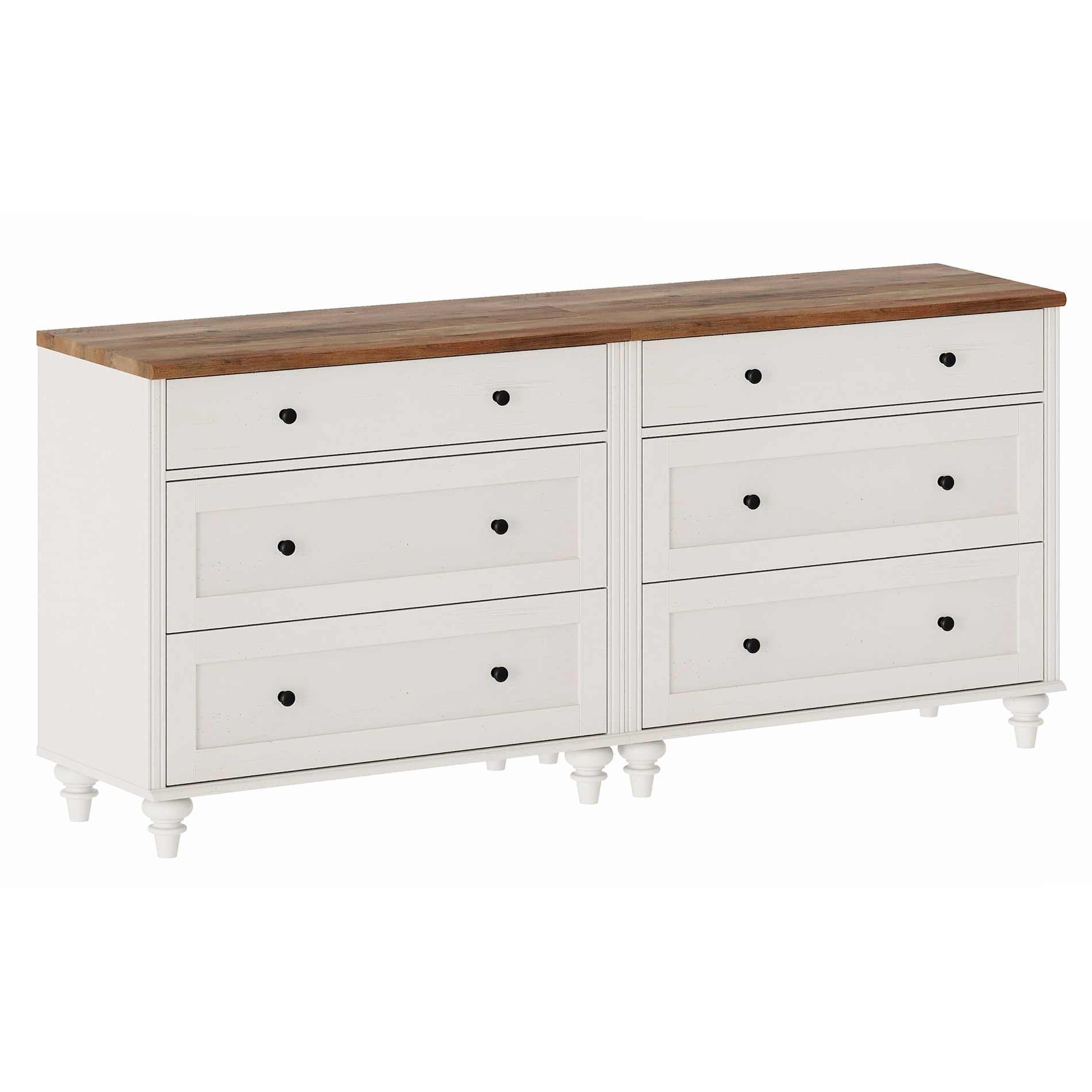 Farmhouse Set of 2 End Table with 6 Drawers, Large Mid Century Modern Wood Bedside Table Night Stand, Wide Sofa Side End Table 6 Drawers Chest of Dresser for Living Room, Bedroom, White