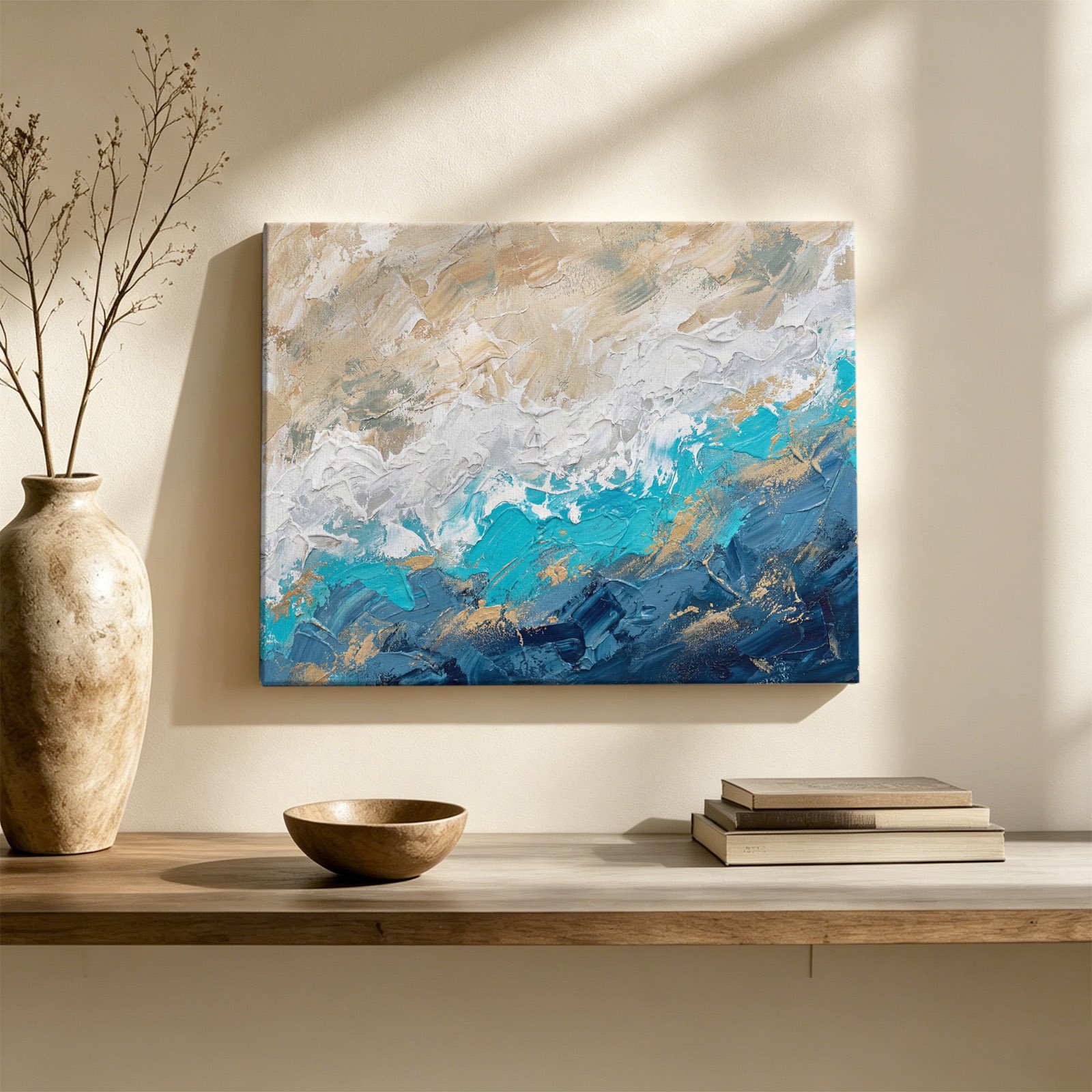Abstract Oil Painting Canvas Wall Art Retro Beige Blue Ombre Mottled Texture Wall Art Prints Artwork Framed Canvas Ready to Hang Art Pictures for Living Dining Room Bedroom Hallway 30 x 20
