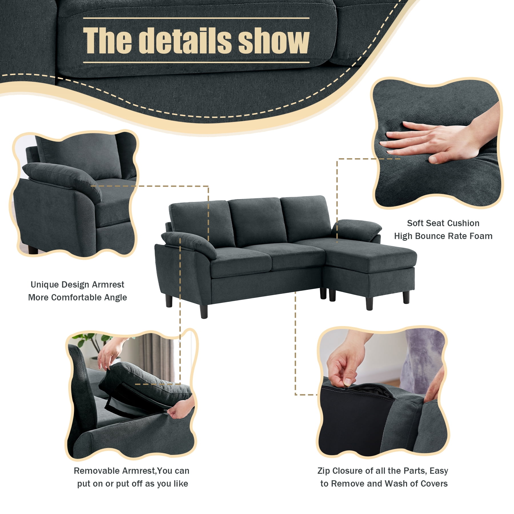 Jarenie 80" Convertible Sectional Sofa, Small L Shaped 3 Seat Couch with Reversible Storage Chaise, Modern Polyester Fabric Sofa Couches for Living Room, Apartment and Small Space, Darkgrey