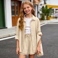 thumbnail image 4 of Mifsaly Girls 2 Piece Summer Outfit Set Button Down Long Sleeve Shirts and Drawstring Elastic Waist Shorts Lightweight Kids Casual Loose Matching Loungewear, 4 of 8
