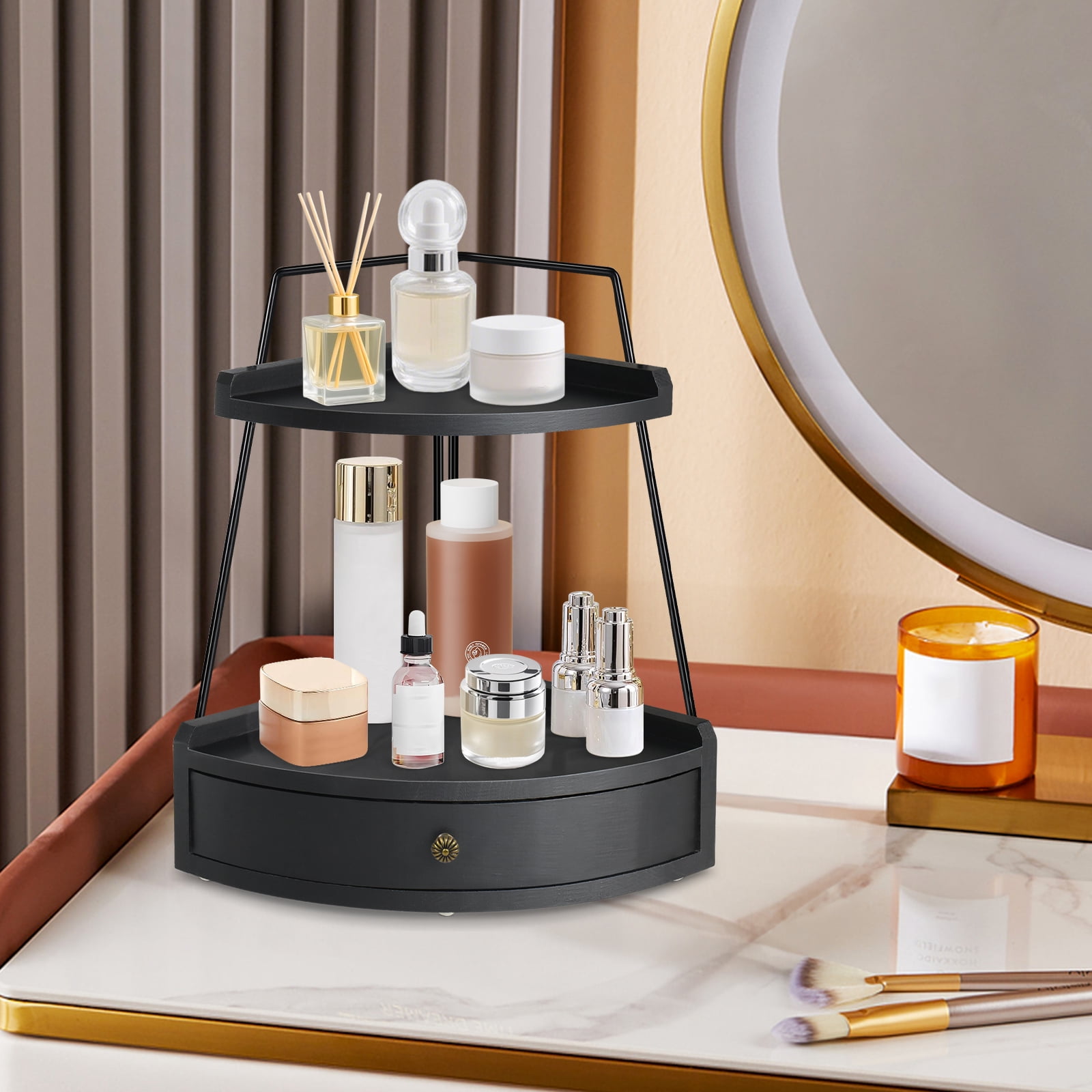2 Tier Bathroom Counter Organizer, Wood Bathroom Organizer Countertop with Drawer, Corner Storage Shelf for Cosmetic Vanity Tray, Kitchen Spice Rack, Kitchen Organizer and Storage
