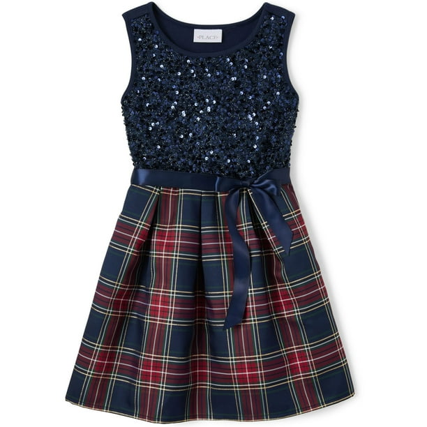 The Children's Place Girls Satin Sequin to Paid Dress With Tie Waist