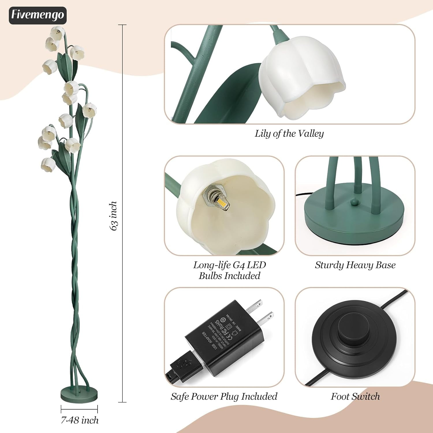12 Heads Flower Floor Lamp, Lily of The Valley Green Flower Lamp, 63-Inch 3 Flexible Stems Vintage Corner Standing Cute Tall Light for Living Room Kids Girls Bedroom, Bulbs Included
