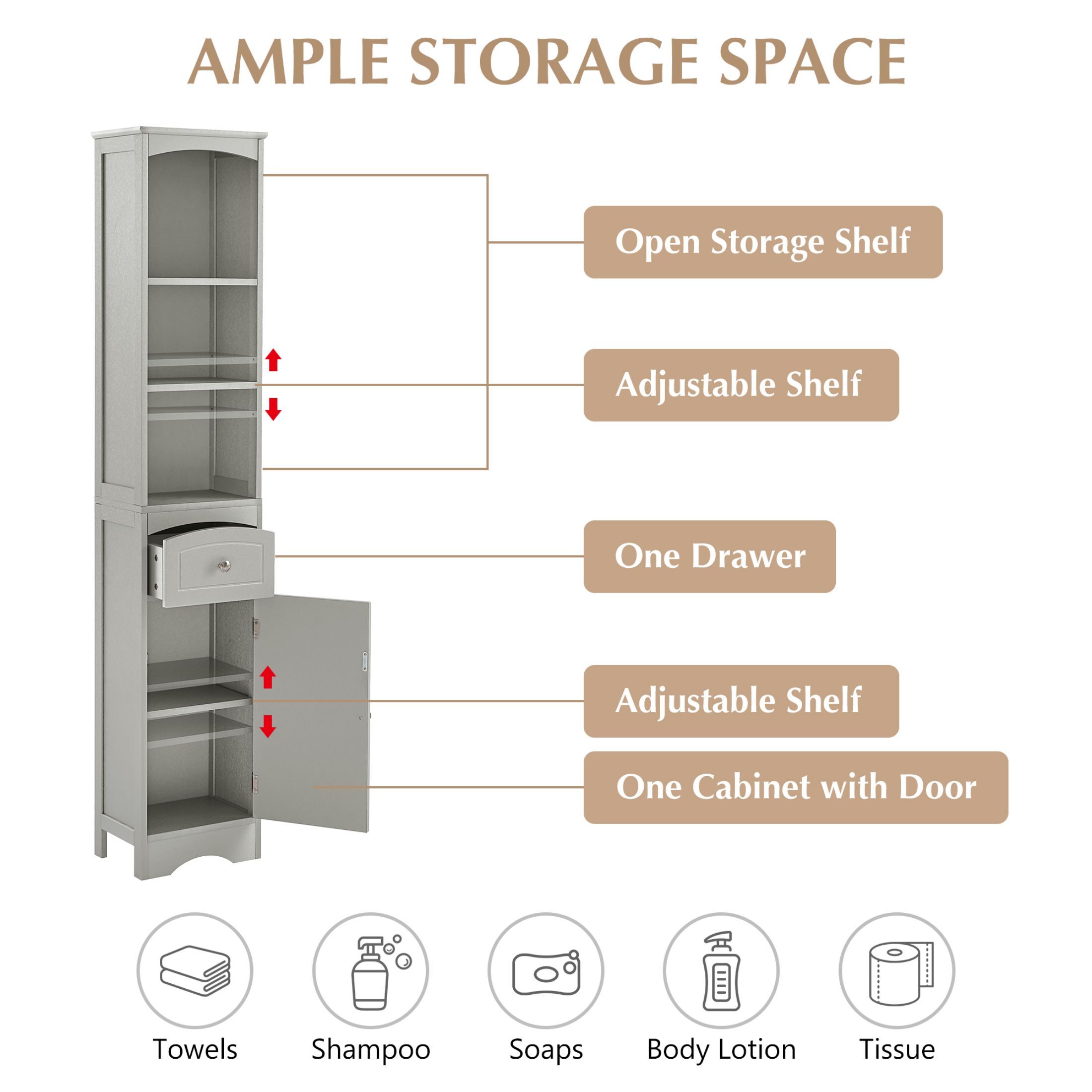AENKYO Bathroom Cabinet with Adjustable Shelves, High Storage Cabinet with Open Spaces and Drawer, Gray