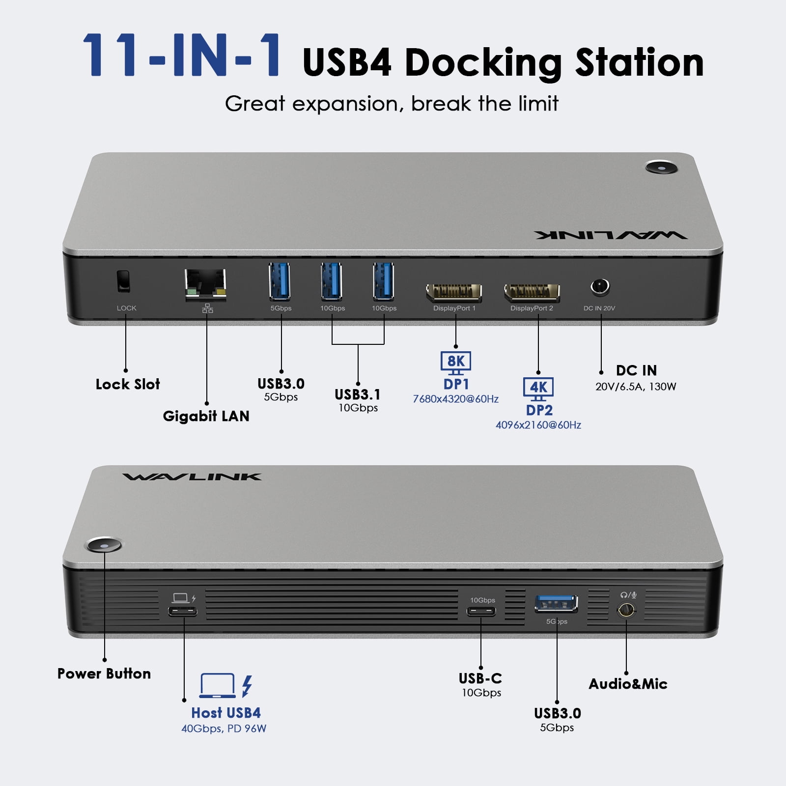 WAVLINK USB 4 Docking Station, 11-IN-1 Dual 4K Display USB-C Dock, 8K DP1, 4K DP2, 130W PD IN, 10Gbps USB3.1x3, 5Gbps USB3.0x2, Gigabit RJ45, Plug & Play on Windows/Mac OS, Work with TBT3/4 Laptops