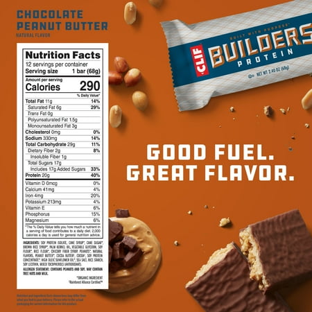 CLIF BUILDERS Protein Bars, Chocolate Peanut Butter Flavor, Gluten Free Bars, 12ct
