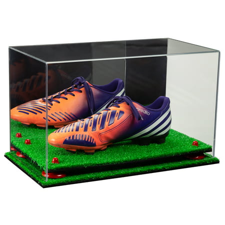 Deluxe Acrylic Large Shoe Display Case for Basketball Shoes Soccer Cleats Football Cleats with Mirror, Red Risers and Turf Base