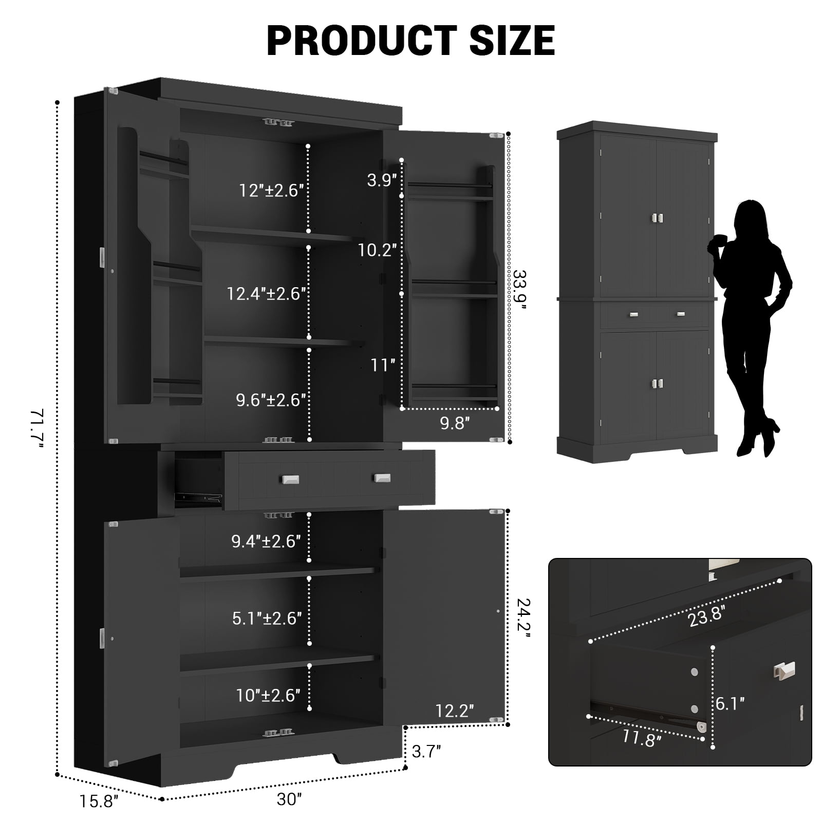 72 in Kitchen Pantry Storage Cabinet, Freestanding Food Pantry Cabinet with Drawer, Modern Wood Cupboard with 6 Door Shelves and 4 Adjustable Shelves for Ding Room, Black