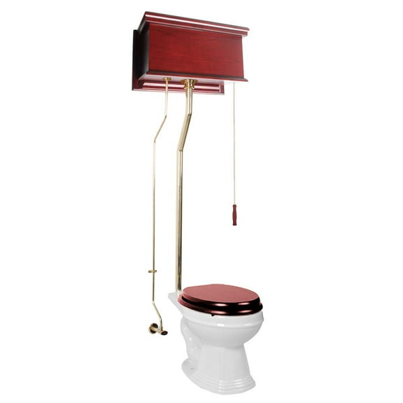 Renovators Supply High Tank Pull Chain Toilet w/Cherry Wood Flat High Tank 70 in. to 74 in. Adjustable Height Brass L Pipe and Elongated Toilet Bowl Victorian Toilet