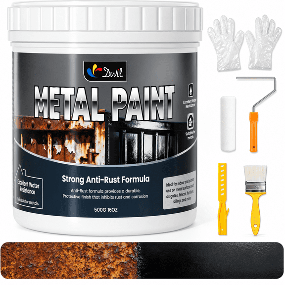 DWIL Black Metal Paint Kit with Tools, Metallic Finish, Water Based Rust-Resistant Paint for Metal Surfaces - Doors, Railings & Outdoor Furniture, Quick Dry Low Odor, 16 oz