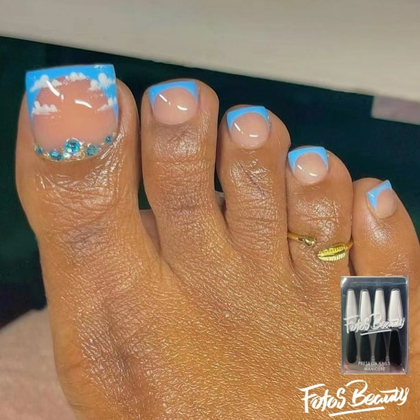 Fofosbeauty 24 PCS Toe Nail Designs 2022, Short Square Press on Toenails, Blue Sky French with Blue Diamonds Fofosbeauty 24 PCS Toe Nail Designs 2022, Short Square Press on Toenails, Blue Sky French with Blue Diamonds