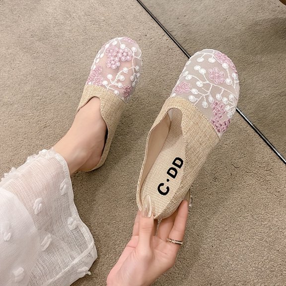 Women's Slip-On Round Toe Half Slippers, Breathable Linen/Bun Mesh Moccasin Sandals, Flat Low Heel Summer Casual Shoes for Daily Wear