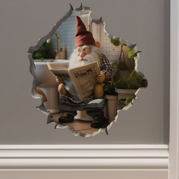 Gnome on Toilet in Wall Hole Decal - Mouse Hole 3D Wall Sticker