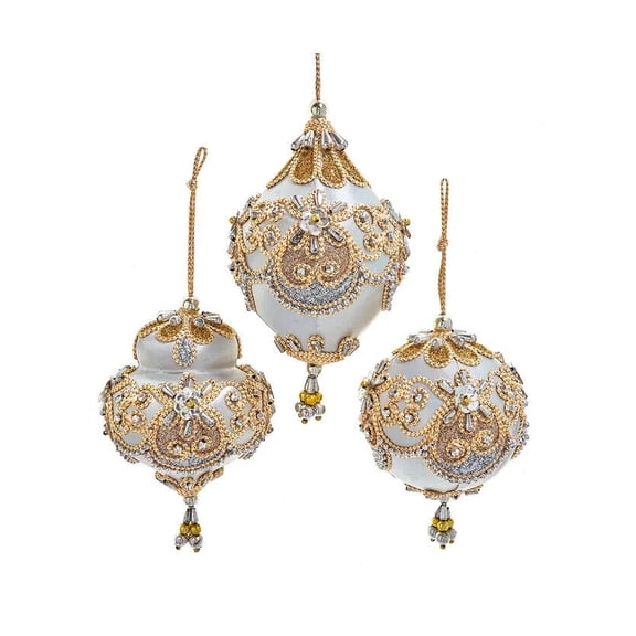 Set of 3 TAUPE, GOLD, & SILVER Ball, Dome, & Finial Beaded Christmas Ornaments, by Kurt Adler