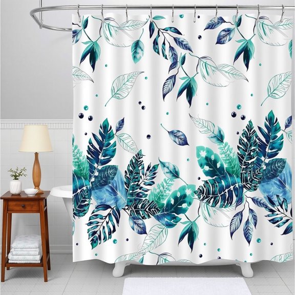 Tropical Leaf Shower Curtain - Blue & Green Pattern, Stylish Bathroom Decor