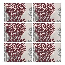 Red and Gray Floral Pattern Summer Placemats Table Placemats Set Of 6-Linen Kitchen Washable Placemats Table Mats 11.8"x17.7" Non-Slip Heat Resistant