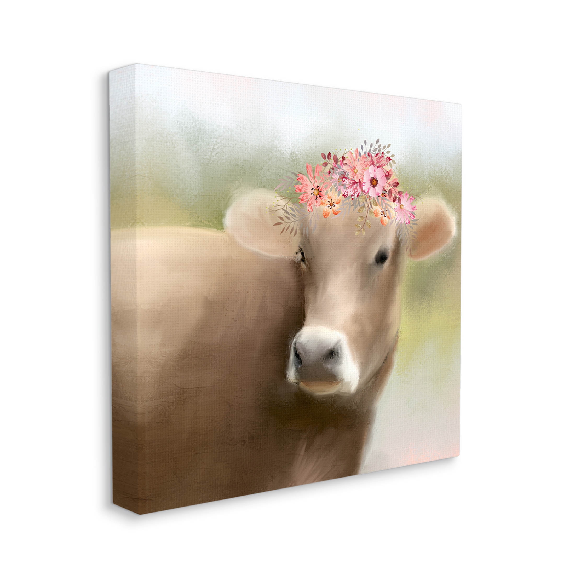 Farm Cow Pink Blooms Arrangement Animals & Insects Graphic Art Gallery Wrapped Canvas Print Wall Art