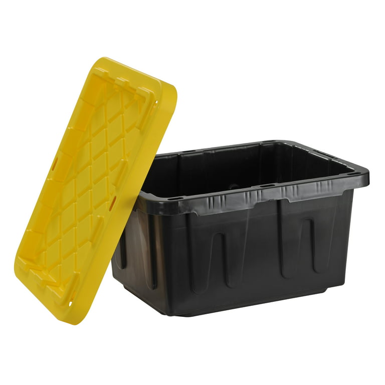Plastic Heavy Duty Storage Tote Box, 23 Gallon, Black With Blue Snap Lid,  Stackable, 4-Pack 