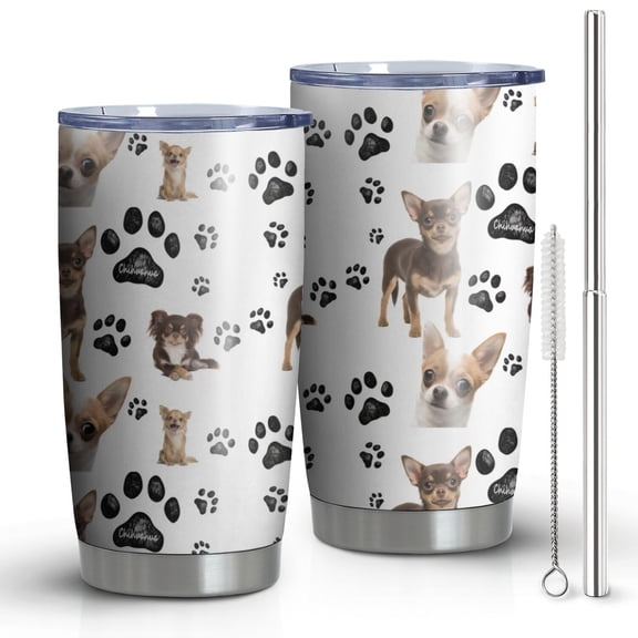 20 Oz Chihuahua and Footprints Coffee Tumbler Double Wall Insulated Stainless Steel Water Bottle | Metal Reusable Thermoses Flask with Cup Cap | Leak & Sweat Proof with Anti-Dust Lid