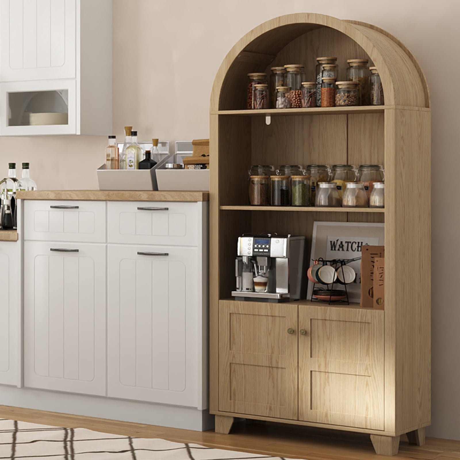 IDEALSOUL Arched Kitchen Pantry Cabinet, 70-inch Arched Cabinet, Open Shelf Storage Cabinet with 2 Doors and 5 Shelves(Wood color)