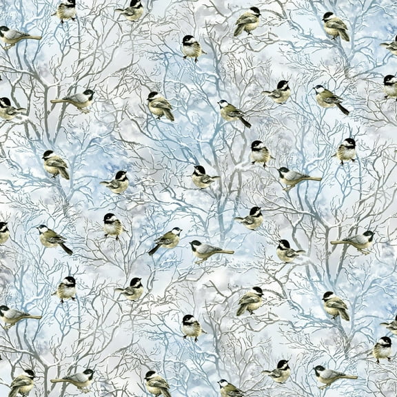 Timeless Treasures Tree Farm Blue Black Capped Chickadees on Snowy Branches 100% Cotton Sold by The Yard