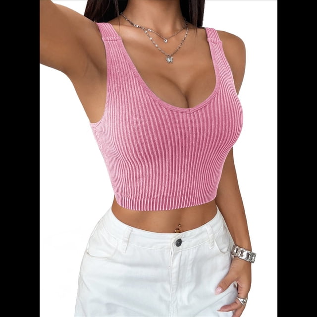 Camisola de Punto con Tirantes Finos para Mujer, Top Sin Mangas A Rayas Rosa M