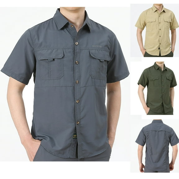 cllios Mens Button Down Short Sleeve Shirt Regular Fit Button Up Work Shirts with Two Pockets Quick Dry Outdoor Hiking Cargo Shirts for Men