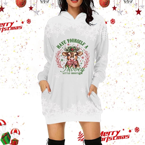 WILLBEST Vestido Casual Para Mujer Vestido Con Capucha Con Estampado Navideño De Vaca Para Mujer