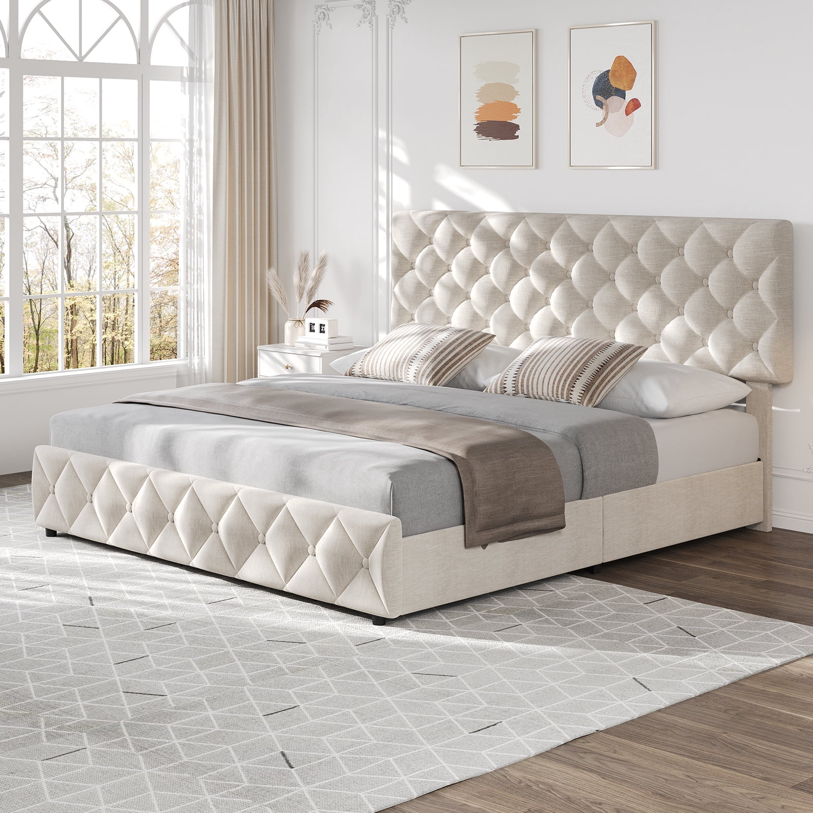 TEQIN Upholstered Queen Bed Frame with 4 Storage Drawers, Diamond Tufted Fabric Platform Bed with Sturdy Support,No Box Spring Needed, Easy Assembly, Noise Free
