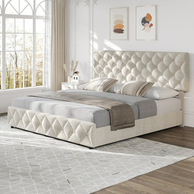 CazToi Lit Grand avec Rangement 4 Tiroirs Tête de Lit Réglable Capacité de 1000 Lb Cadre de Lit en Cuir PU