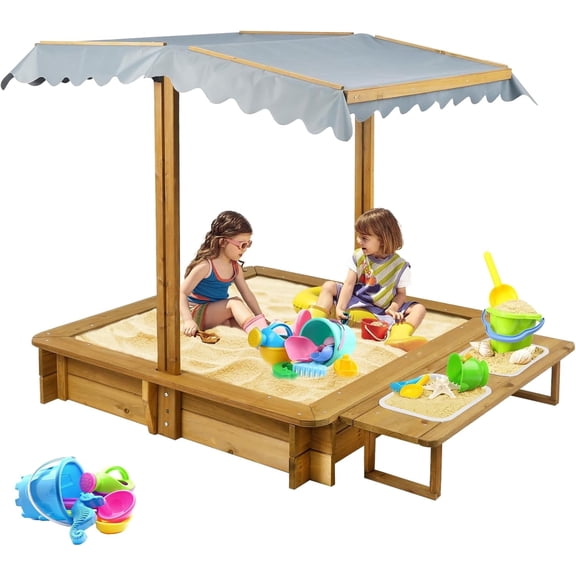 Petsblublu Outdoor Wooden Sandbox with Adjustable Canopy&Two Toy Basins for Beach