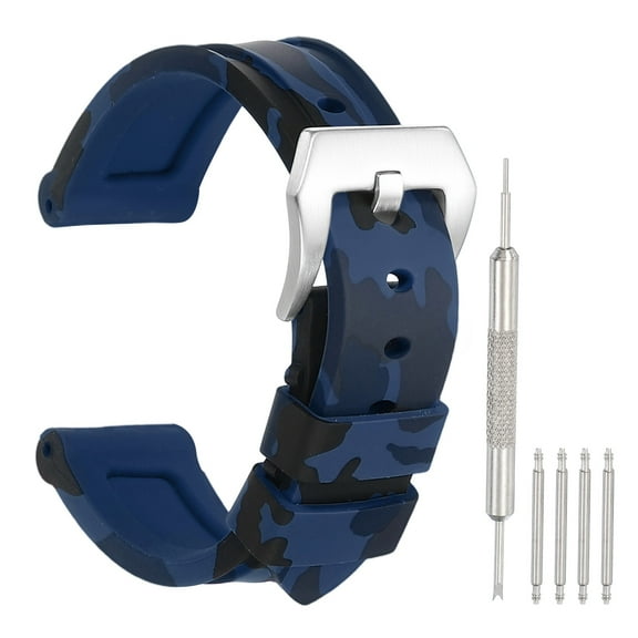 Uxcell Silicone Watch Band 22mm Quick Release Flexible Soft Rubber H-type Watch Strap with Stainless Steel Silver Clasp Replacement Wristband for Men, Camo Dark Blue