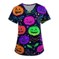 thumbnail image 2 of Halloween Costumes Scrub Tops Women Cute Dressy Casual Blouses Short Sleeve Pumpkin Pattern Crewneck Loose Fit Fall Daily Shirts Tops Dark Purple M, 2 of 5